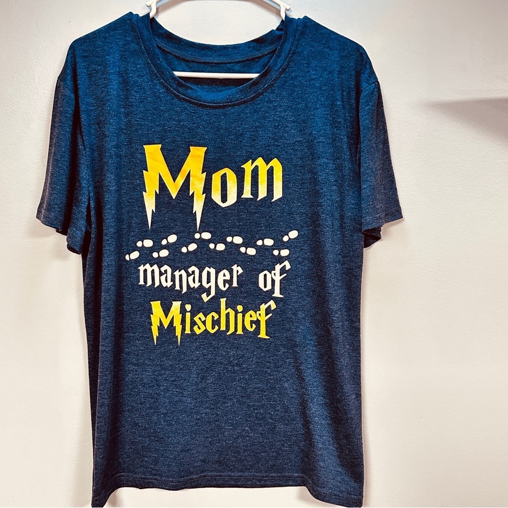 'Mom Manager of Mischief' short sleeve tee, Blue and Yellow, Large, EUC! - Picture 1 of 5